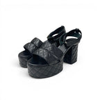 Chanel Sandals Shoes Leather Black Gold CC Logo Quilted Strap