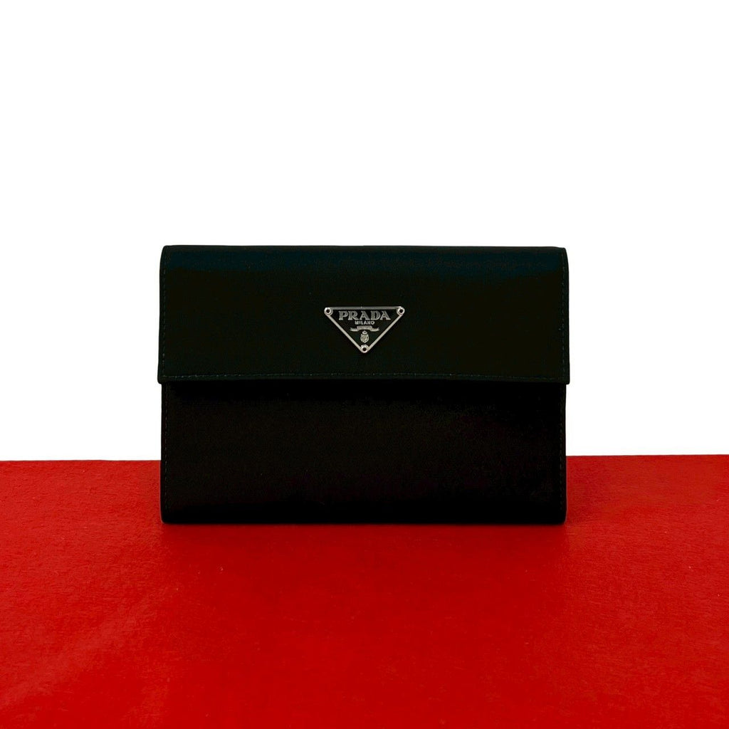 Prada Triangle Logo Tessuto Nylon Leather Trifold Wallet Black