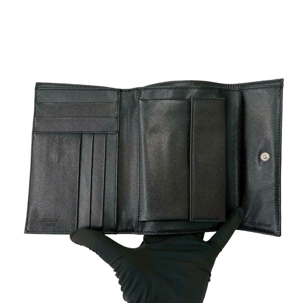 Prada Triangle Logo Tessuto Nylon Leather Trifold Wallet Black — view 7