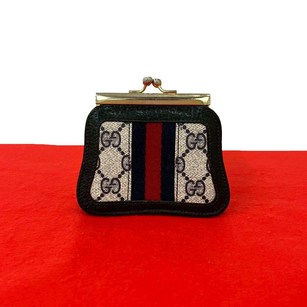 Gucci Sherry Line GG Logo Pattern Leather Kiss Lock Coin Case Navy