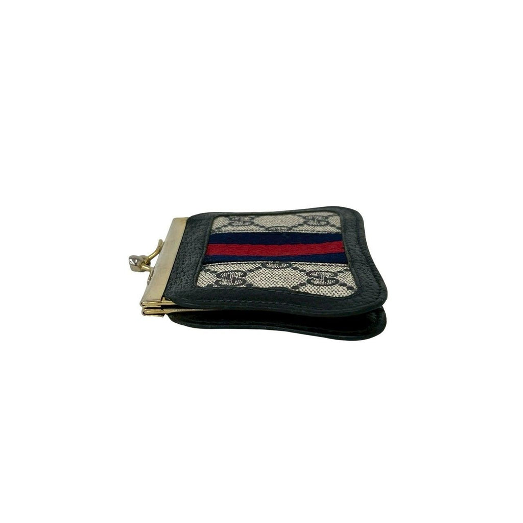 Gucci Sherry Line GG Logo Pattern Leather Kiss Lock Coin Case Navy — view 4