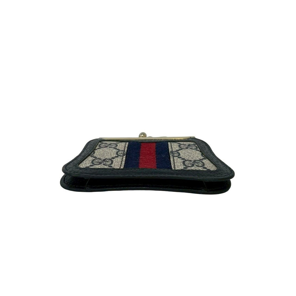 Gucci Sherry Line GG Logo Pattern Leather Kiss Lock Coin Case Navy — view 6