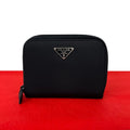 Prada Triangle Logo Tessuto Nylon Saffiano Leather Round Zip Bifold Wallet Black