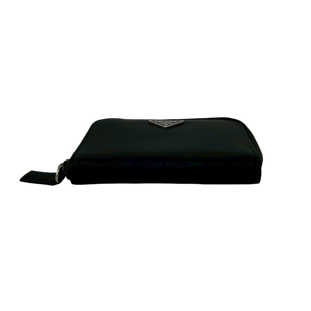 Prada Triangle Logo Tessuto Nylon Saffiano Leather Round Zip Bifold Wallet Black — view 6