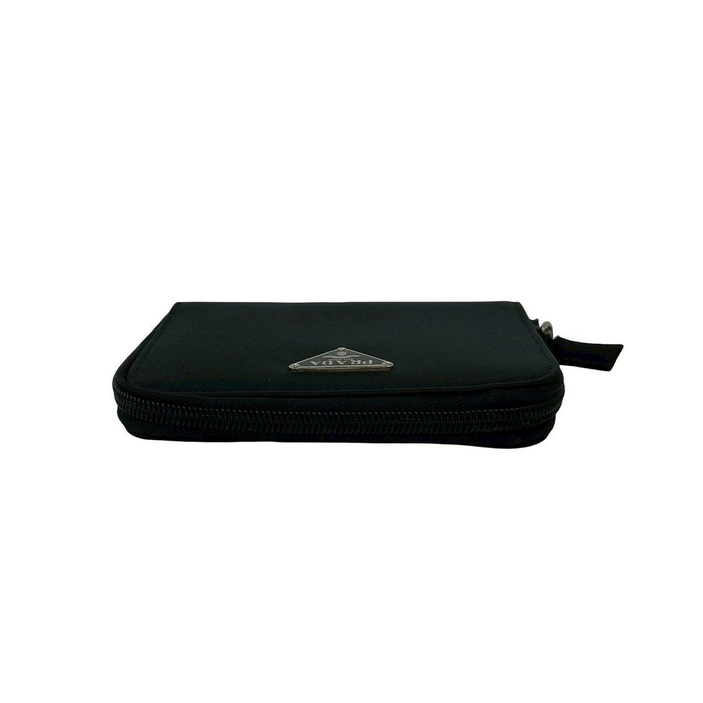 Prada Triangle Logo Tessuto Nylon Saffiano Leather Round Zip Bifold Wallet Black — view 3