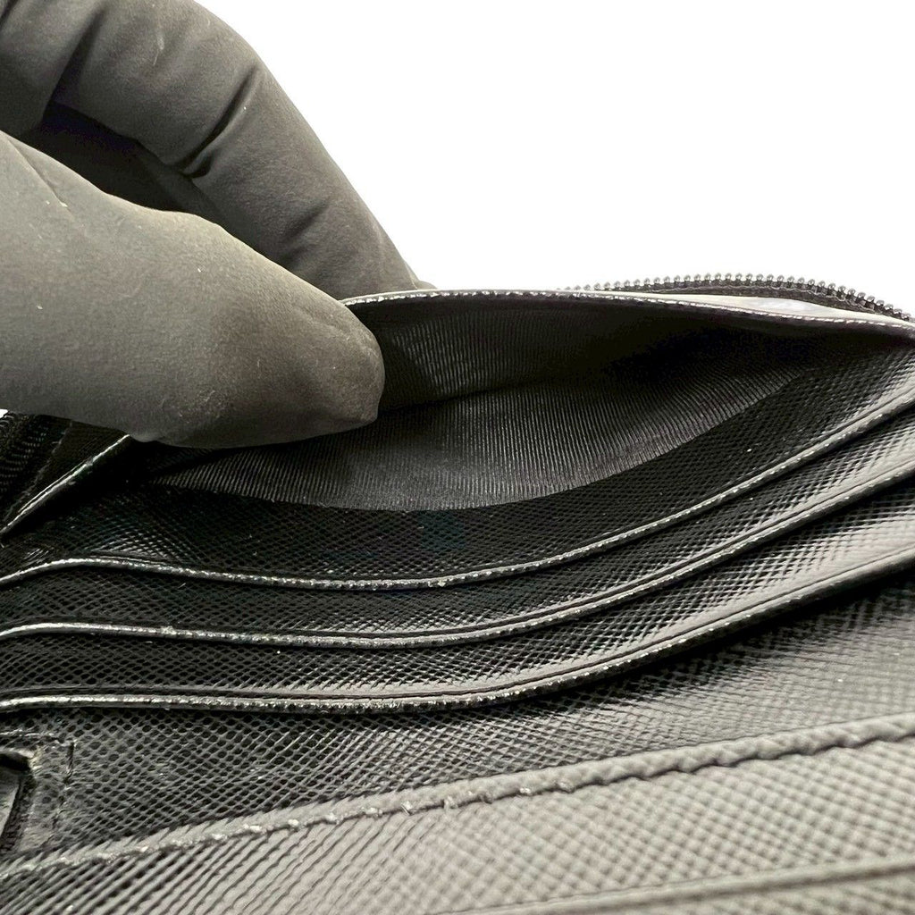 Prada Triangle Logo Tessuto Nylon Saffiano Leather Round Zip Bifold Wallet Black — view 9