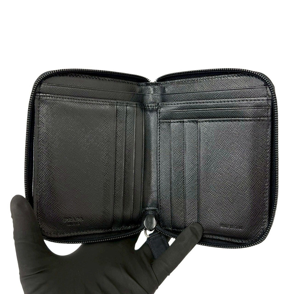 Prada Triangle Logo Tessuto Nylon Saffiano Leather Round Zip Bifold Wallet Black — view 7