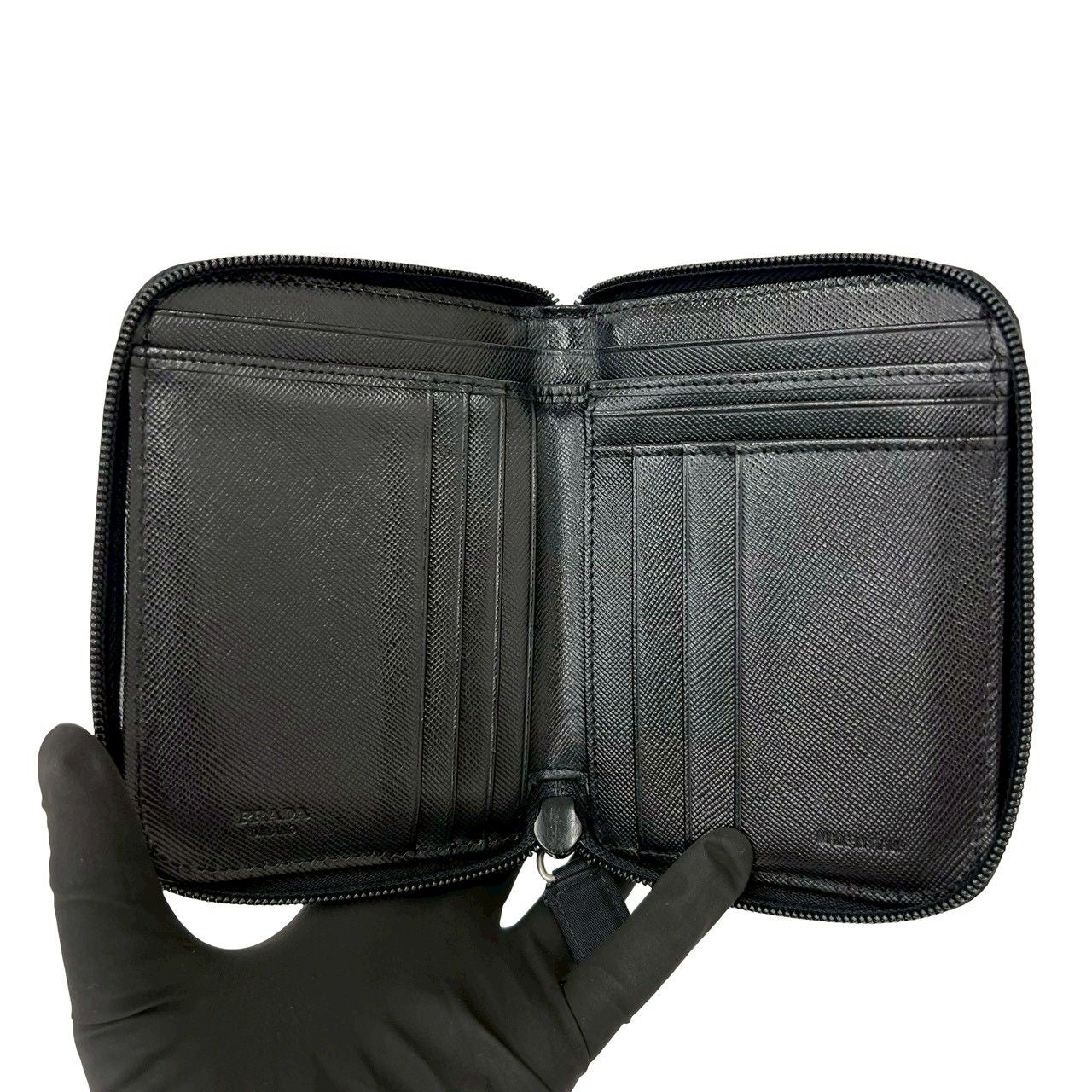 Prada Triangle Logo Tessuto Nylon Saffiano Leather Round Zip Bifold Wallet Black — view 7