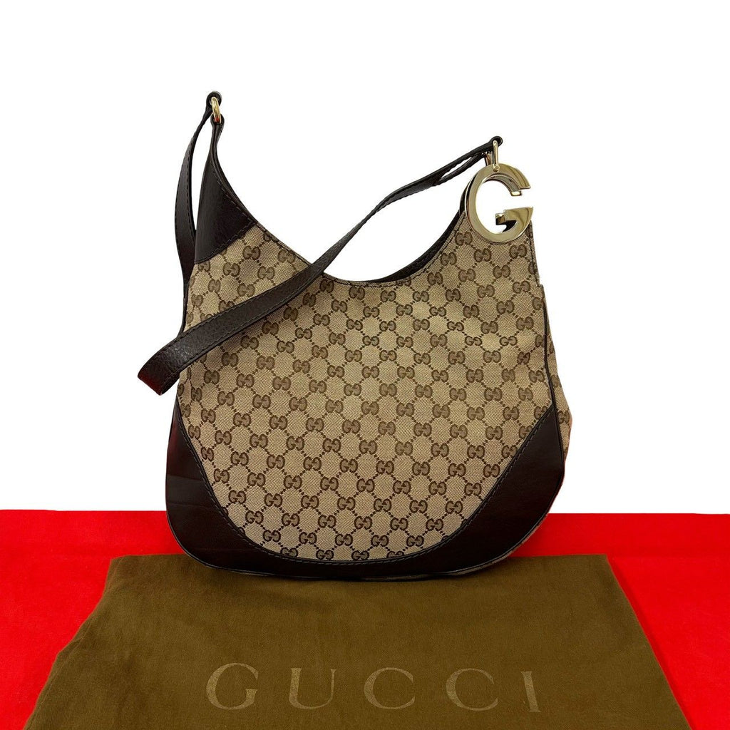 Gucci Logo GG Pattern Canvas Leather Shoulder Bag Brown Beige