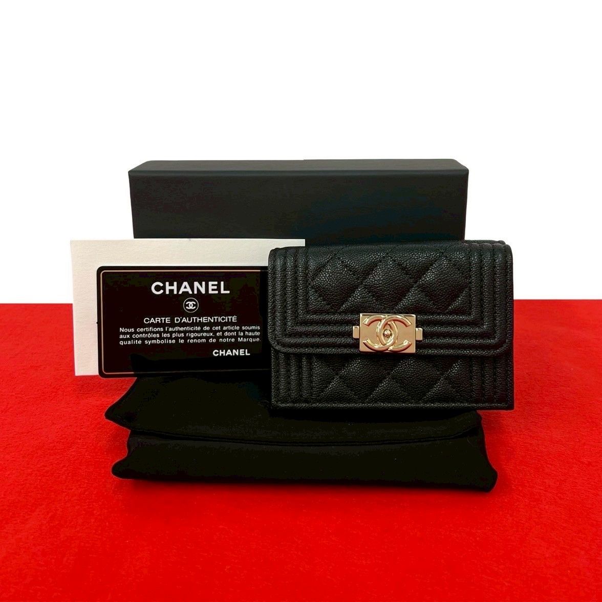 Chanel Card with Boy CC Logo Caviar Leather Trifold Wallet Black