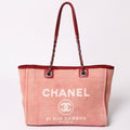 Chanel Deauville MM Chain Tote Bag CC Logo Pink Canvas Leather Silver