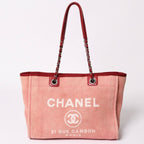 Chanel Deauville MM Chain Tote Bag CC Logo Pink Canvas Leather Silver