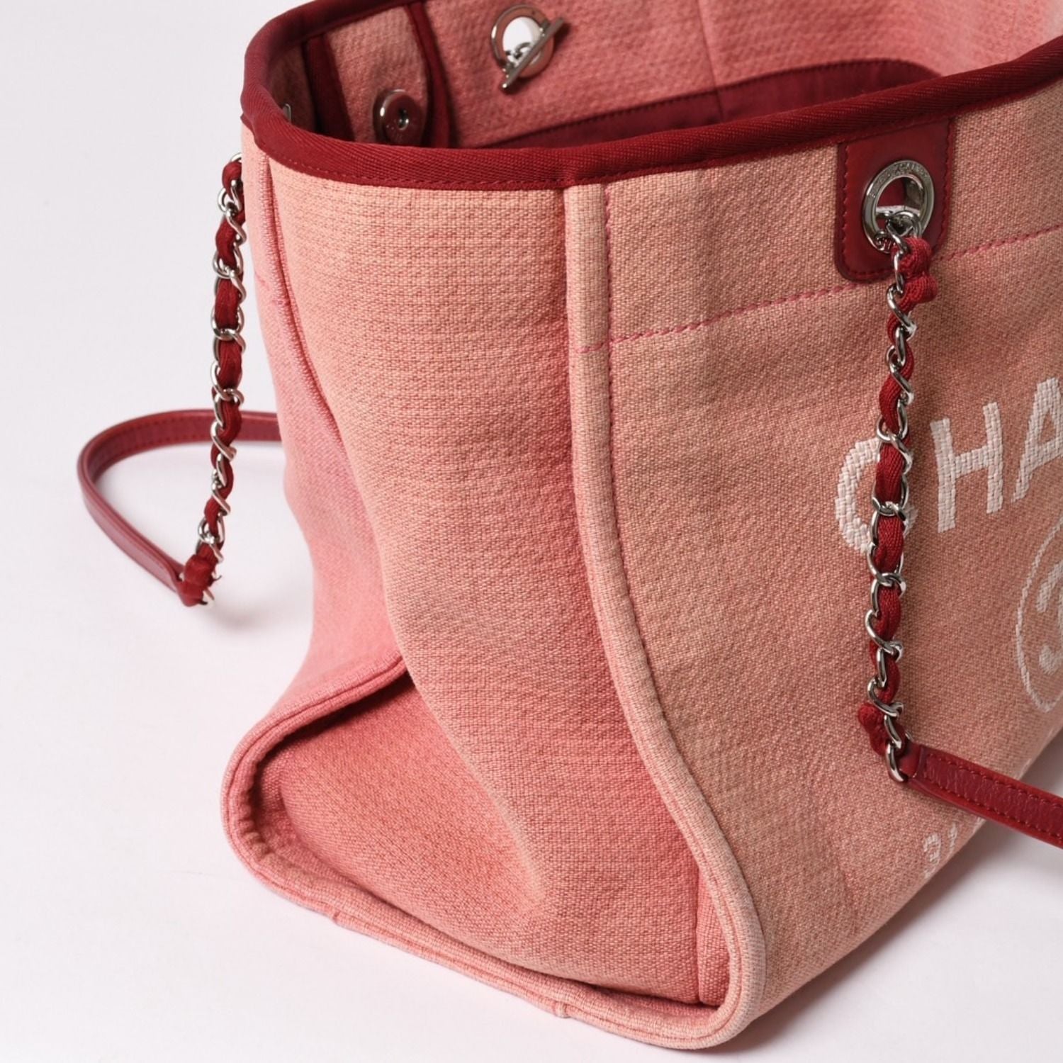 Chanel Deauville MM Chain Tote Bag CC Logo Pink Canvas Leather Silver — view 6