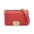 Chanel Shoulder Bag Boy Small Blanc Stitch Red Caviar Leather Boy Chain