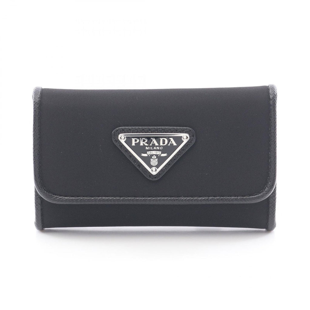 Prada Key Case Uzo Tessuto 6 Rows Black Nylon Saffiano Leather Triangle Logo