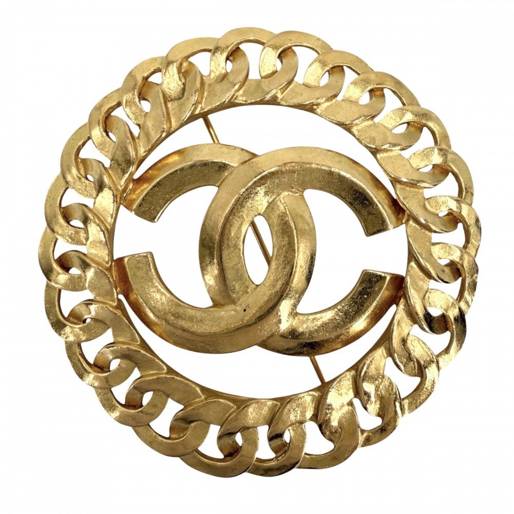 Chanel Brooch CC Logo Vintage Round Gold Plated