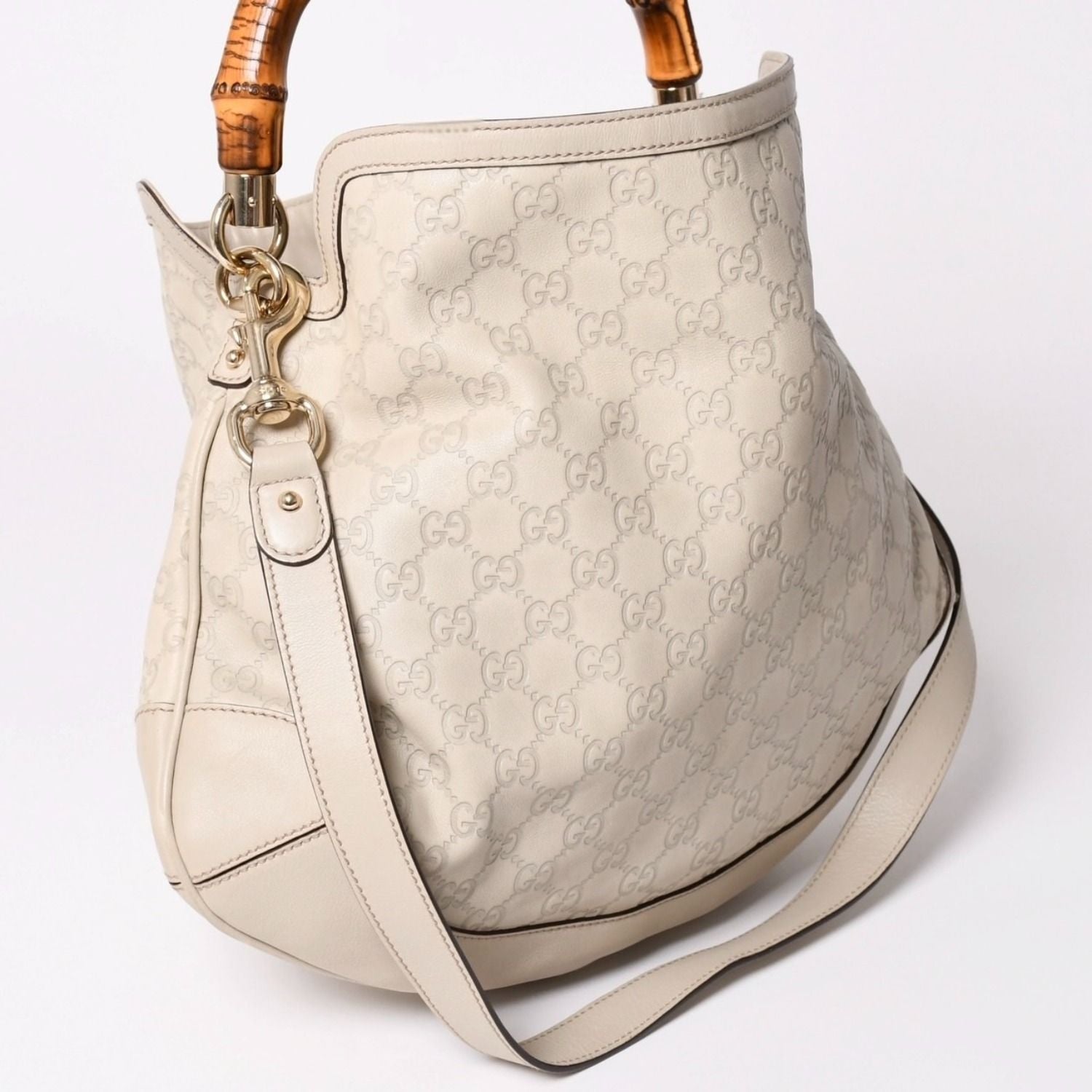 Gucci GG Canvas Bamboo Handbag Beige White Shoulder Strap Gold — view 3