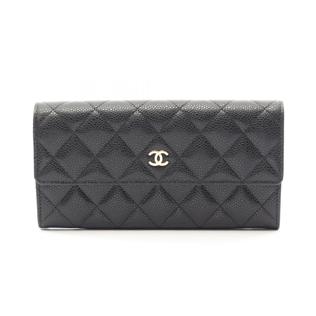 Chanel Bifold Wallet Quilted Black Caviar Leather Long Flap