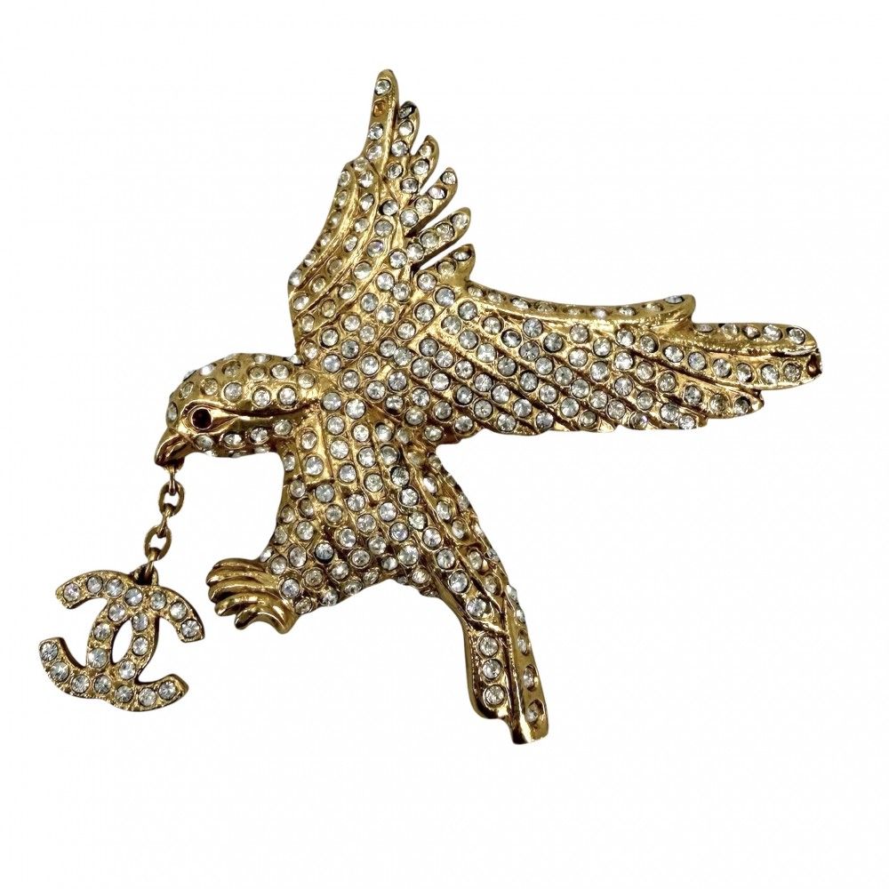 Chanel Brooch CC Logo Eagle Vintage Bird Motif Rhinestone Gold