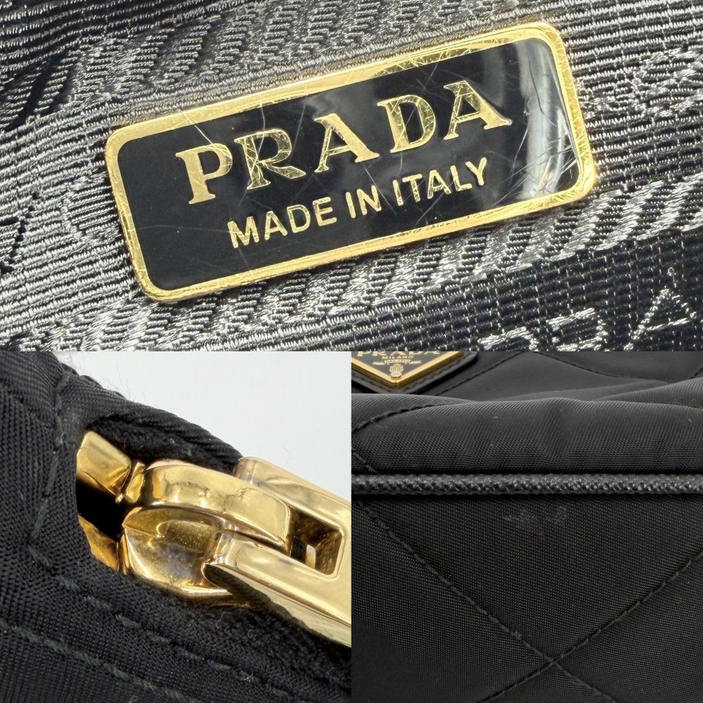 Prada 2-Way Triangle Logo Mini Bag Crossbody Quilted Nylon Black Gold — view 6