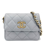 Chanel Shoulder Bag Mini Quilted CC Logo Crossbody Caviar Leather Gray Gold