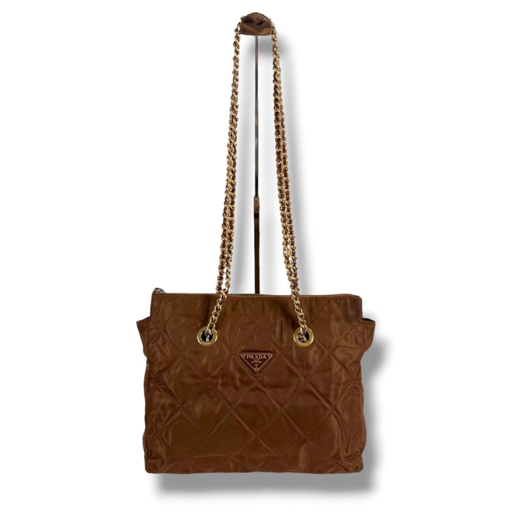 Prada Quilted Triangle Logo Shoulder Bag Mini Tote Brown Tessuto — view 2