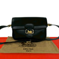 Celine Vintage Logo Carriage Leather Shoulder Bag Pochette Crossbody Black
