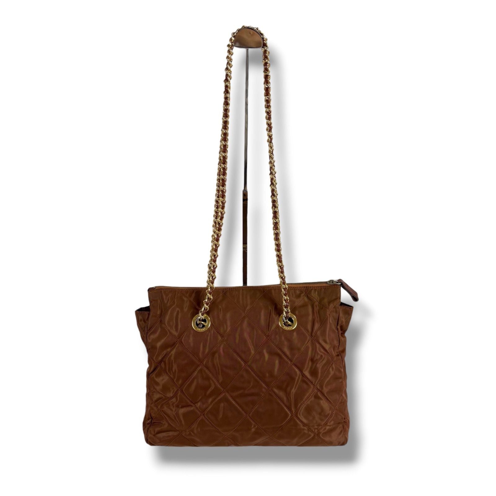Prada Quilted Triangle Logo Shoulder Bag Mini Tote Brown Tessuto — view 3