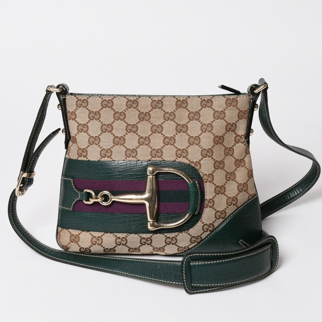 Gucci Guuci Shoulder Bag Horsebit Beige Green Gold