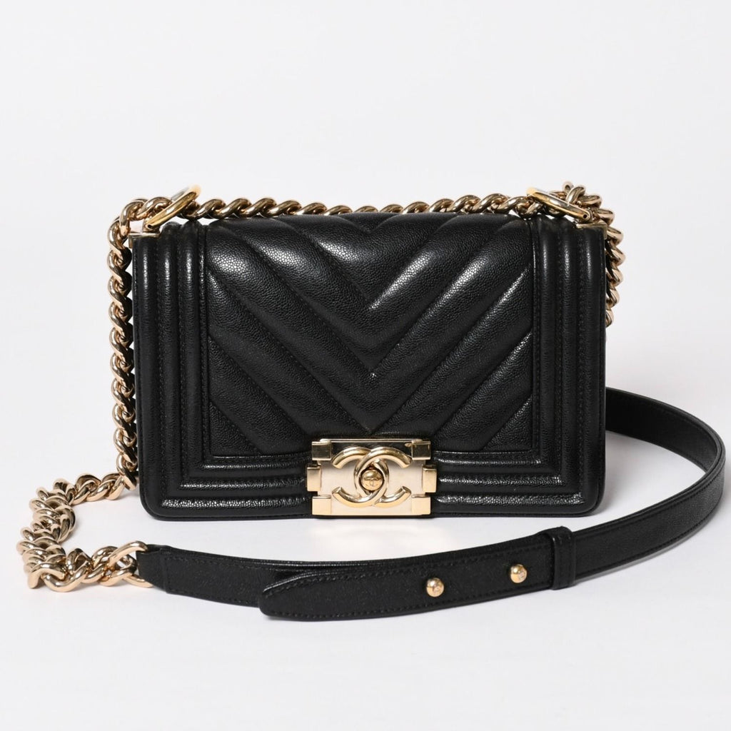 Chanel Boy Chain Shoulder Bag V-shaped Stitch Chevron Caviar Leather Black Gold