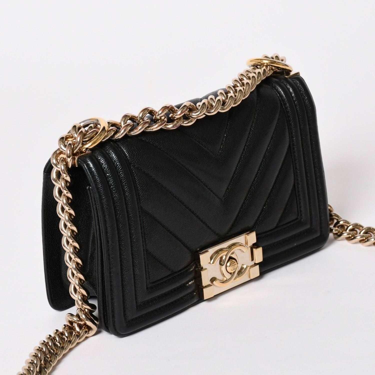Chanel Boy Chain Shoulder Bag V-shaped Stitch Chevron Caviar Leather Black Gold — view 3