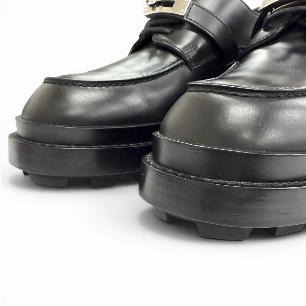 Hermes First Silver Kelly Buckle Derby Shoes Leather Loafers Black — view 7