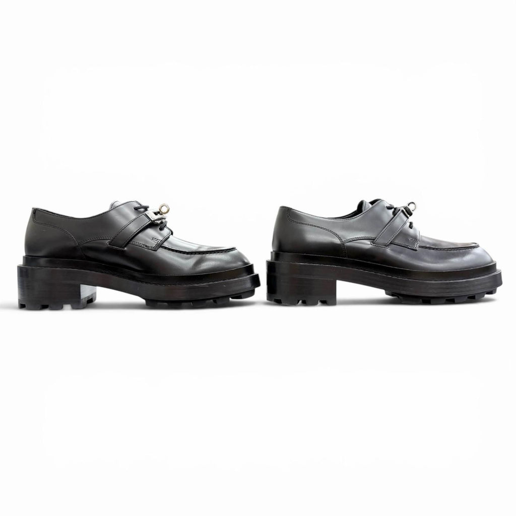 Hermes First Silver Kelly Buckle Derby Shoes Leather Loafers Black — view 4
