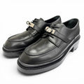 Hermes First Silver Kelly Buckle Derby Shoes Leather Loafers Black