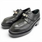 Hermes First Silver Kelly Buckle Derby Shoes Leather Loafers Black