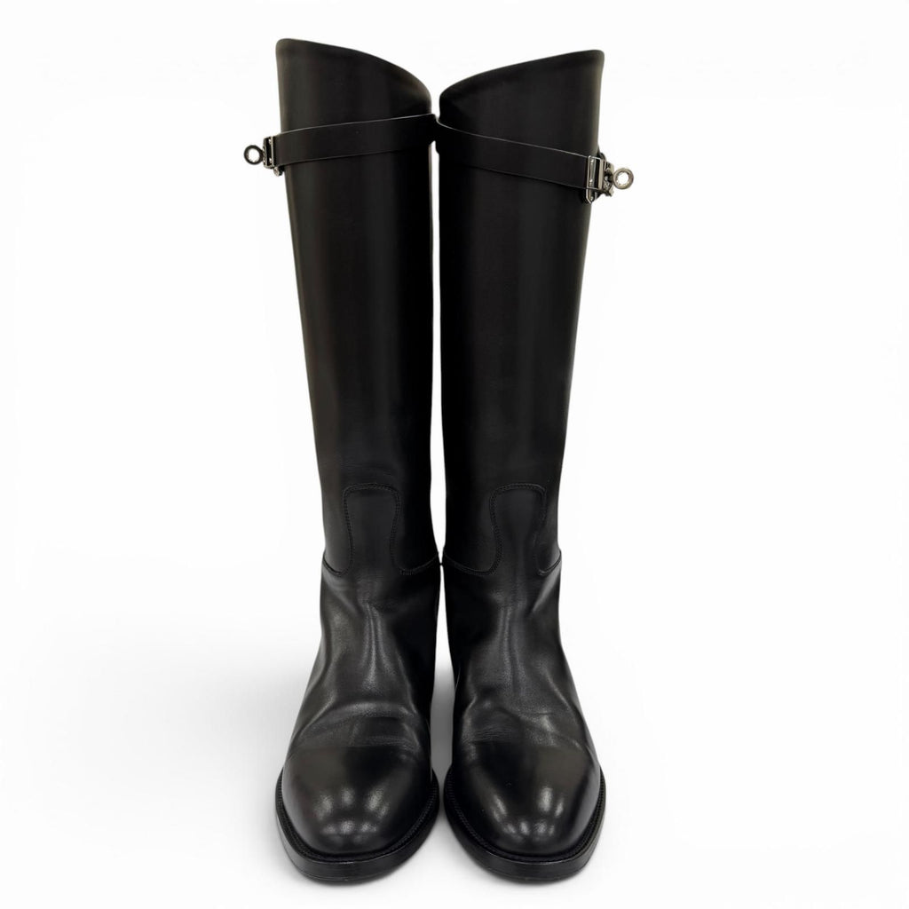 Hermes Silver Kelly Buckle Leather Jumping Boots Long Black — view 4