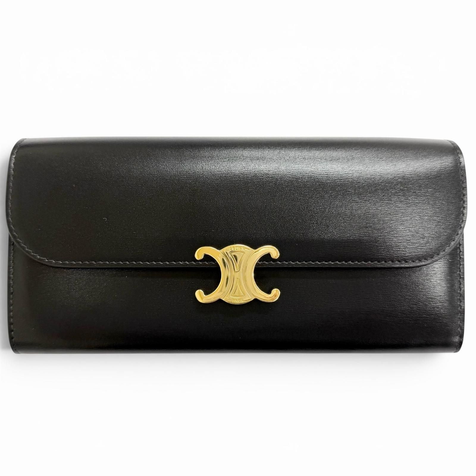 Celine Shiny Calfskin Triomphe Flap Large Wallet Bifold Black Gold
