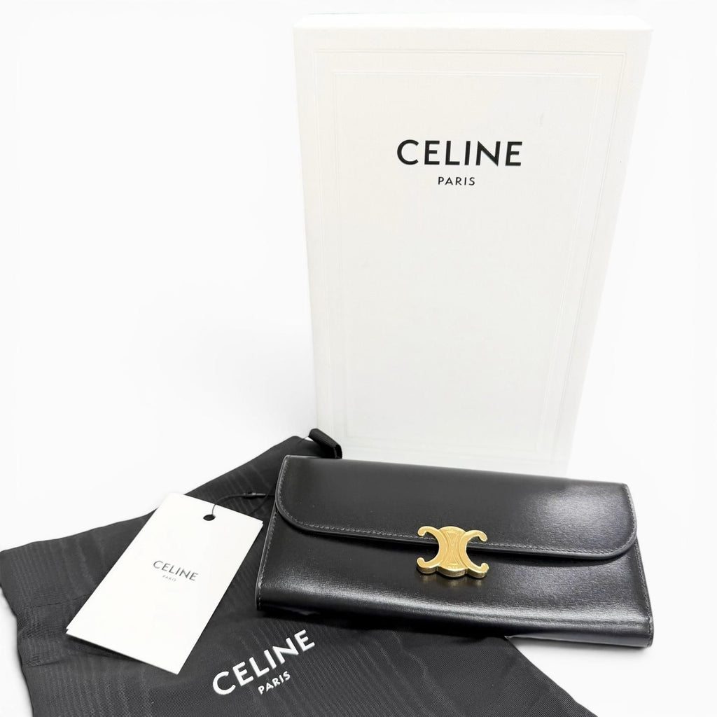 Celine Shiny Calfskin Triomphe Flap Large Wallet Bifold Black Gold — view 2