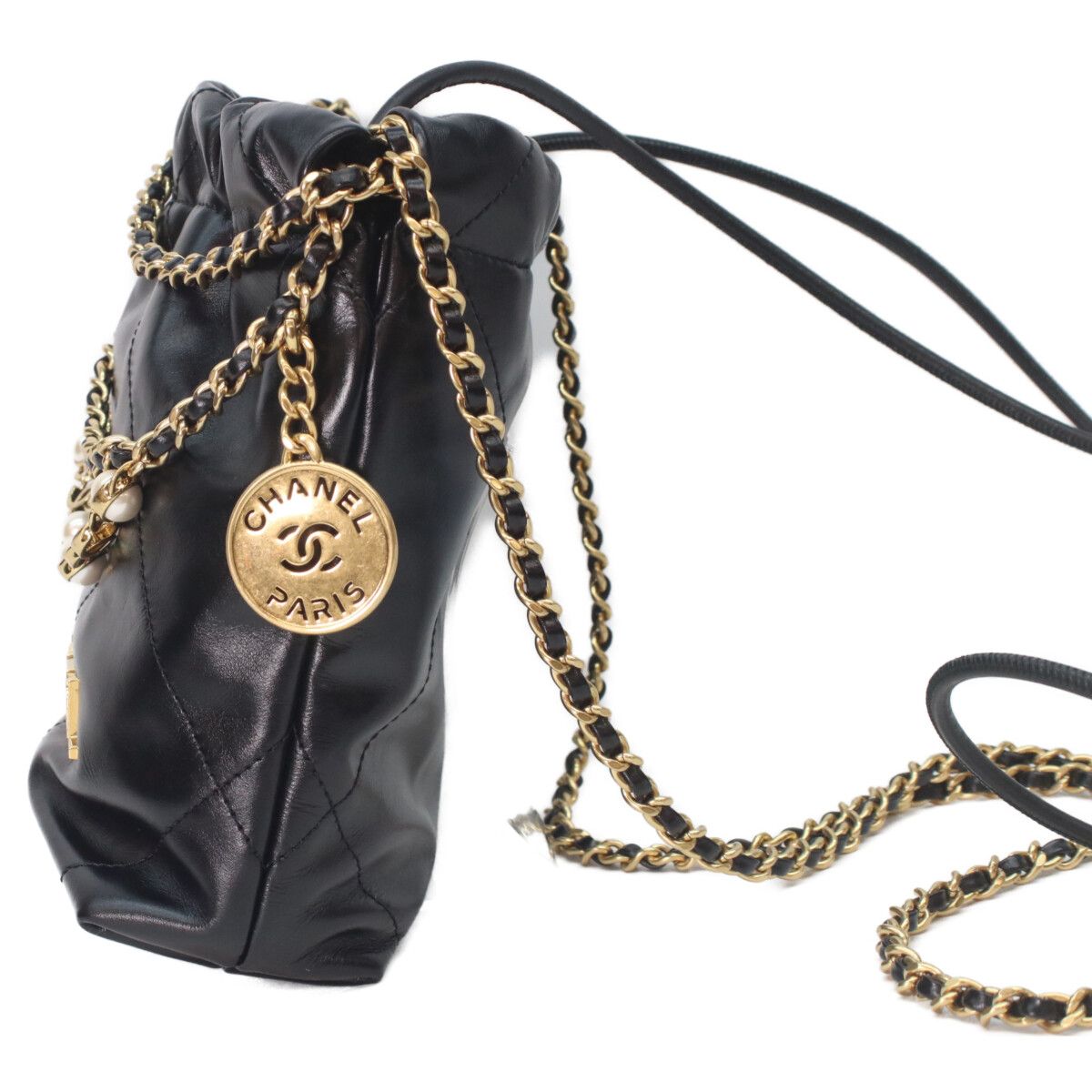 Chanel Black Shiny Calf 22 Mini Pearl Chain Shoulder — view 2