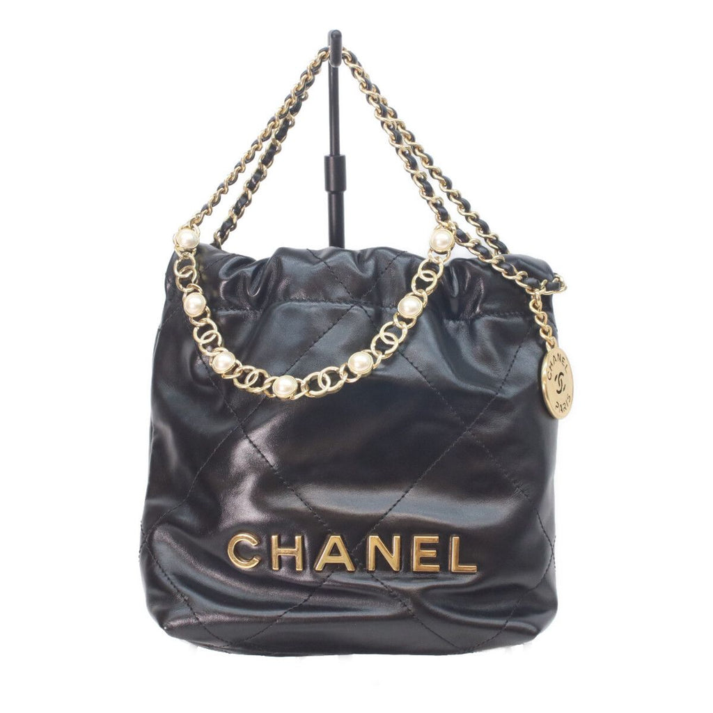 Chanel Black Shiny Calf 22 Mini Pearl Chain Shoulder