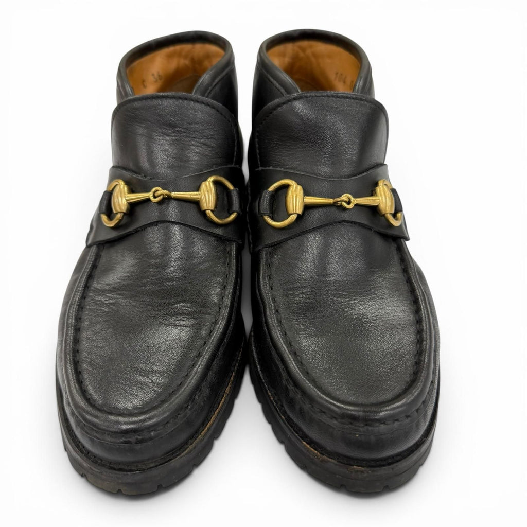 Gucci 104 Horsebit Leather Ankle Boots Black Gold — view 3
