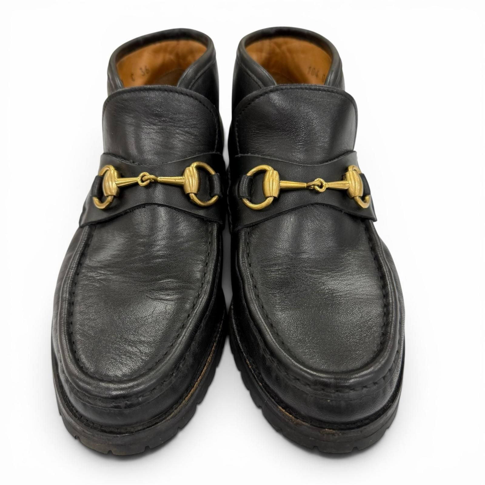 Gucci 104 Horsebit Leather Ankle Boots Black Gold — view 3