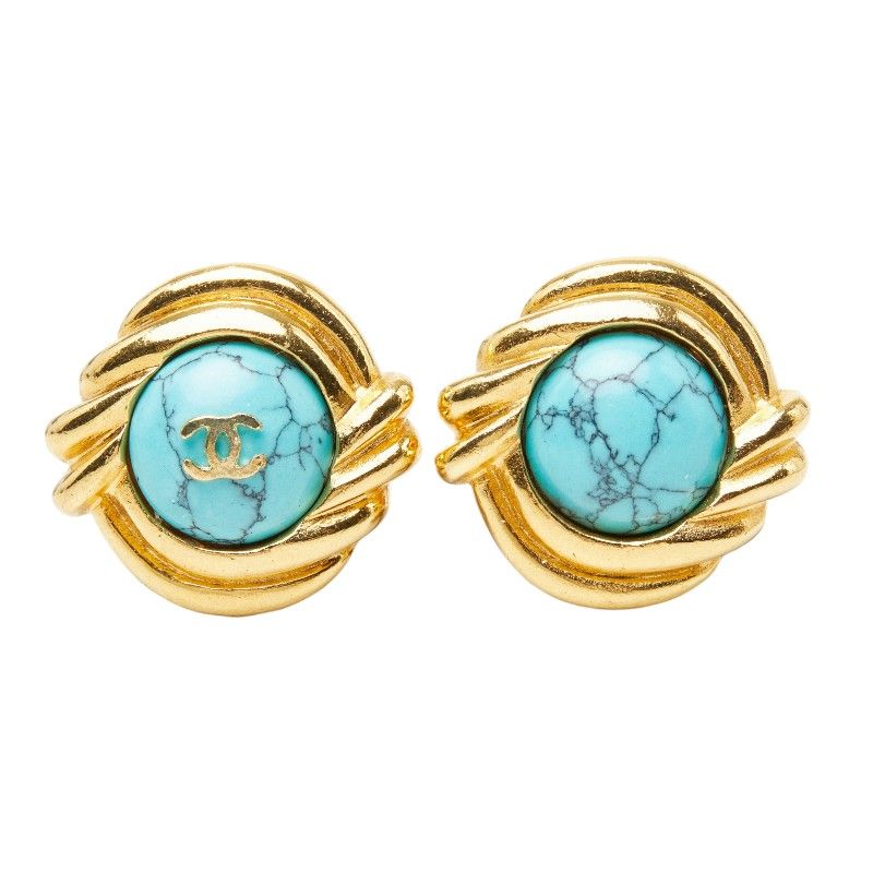 Chanel CC Logo Earrings Gold Turquoise Plated Stone — view 2