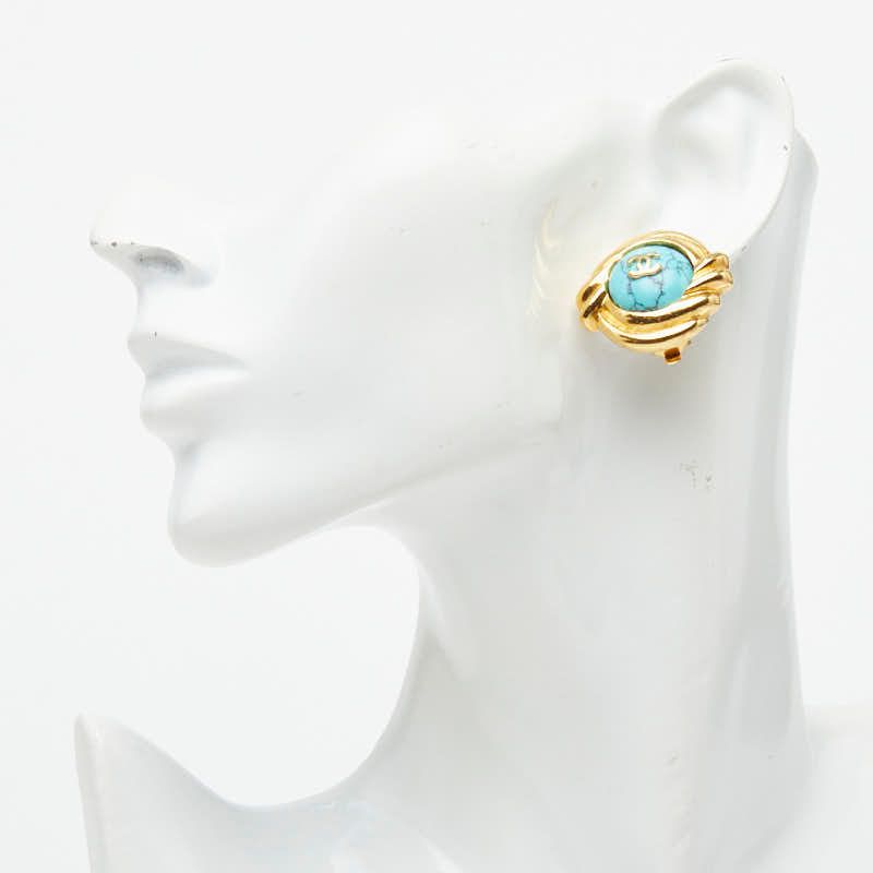 Chanel CC Logo Earrings Gold Turquoise Plated Stone — view 5