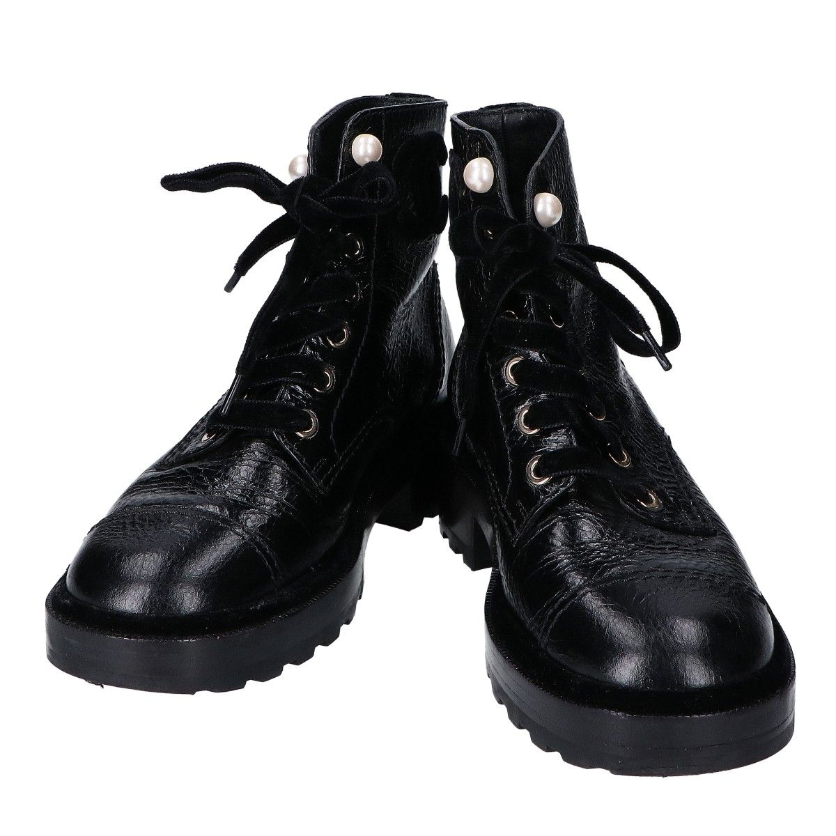 Chanel a Black Leather Velour Faux Pearl Button Boots 36c