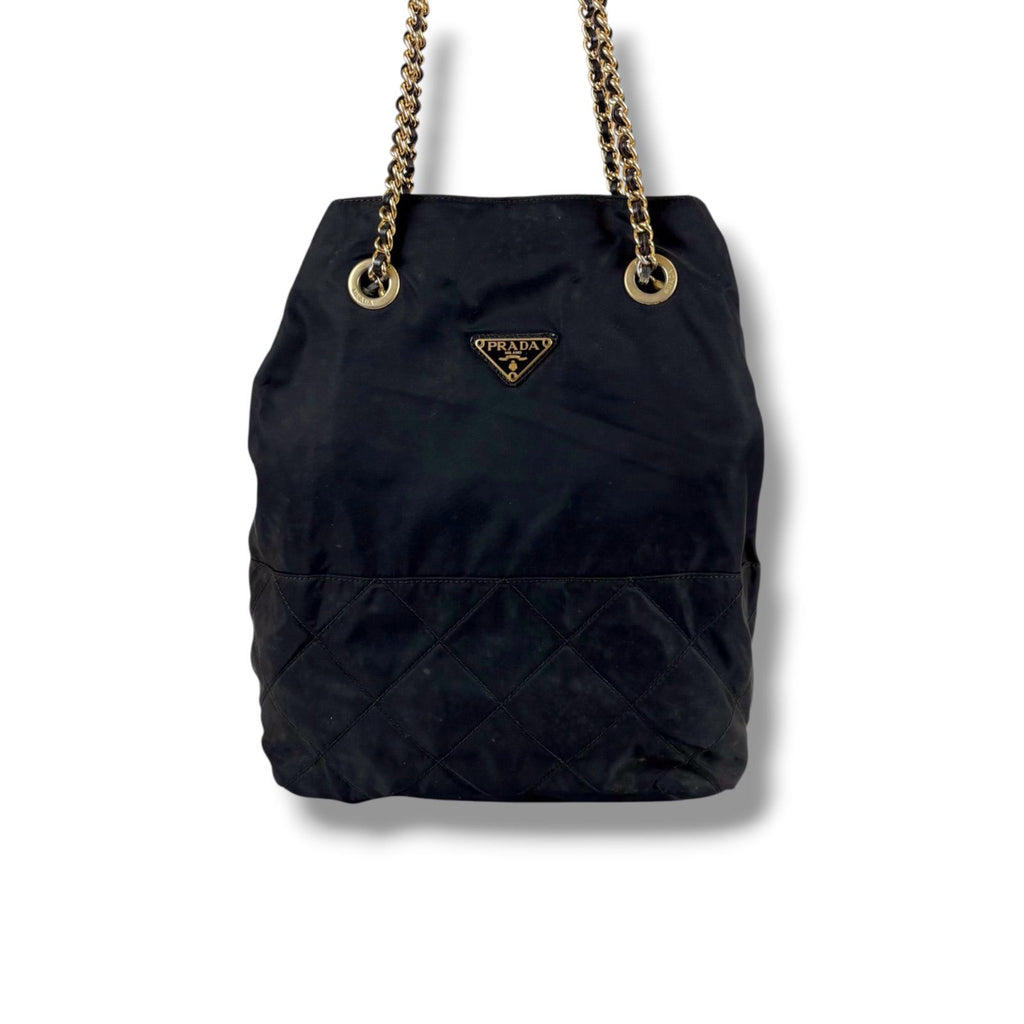 Prada Triangle Logo Quilted Processing Chain Shoulder Bag Black Nero Tessuto — view 2