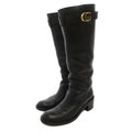 Gucci Long Boots Chunky Heels Belt GG Mark Calf Leather 36 Black