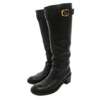 Gucci Long Boots Chunky Heels Belt GG Mark Calf Leather 36 Black