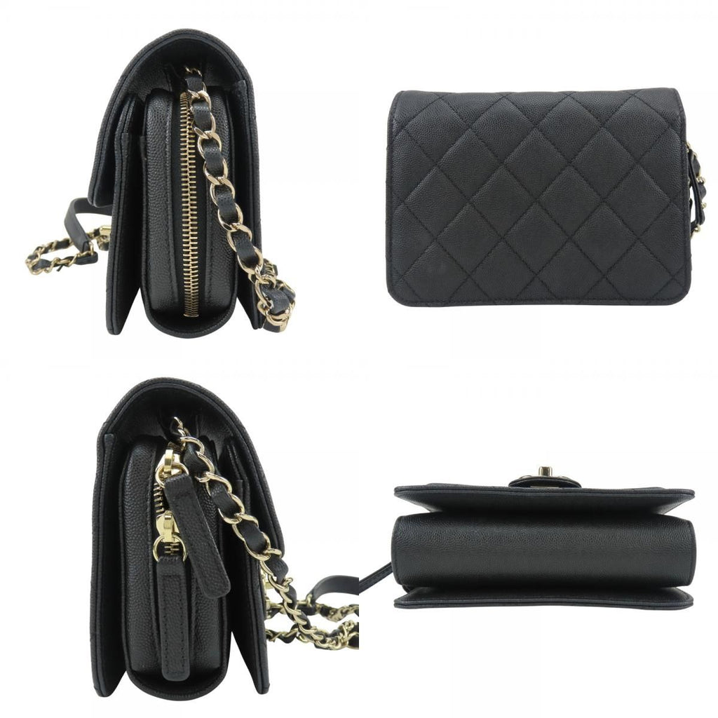 Chanel Shoulder Bag Mini Flap Caviar Leather Black Gold Crossbody Chain CC Logo — view 3