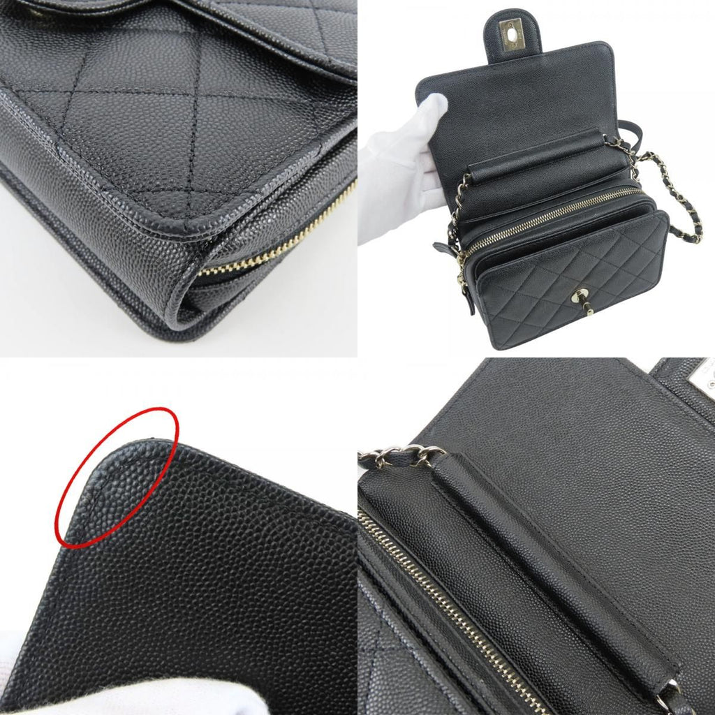 Chanel Shoulder Bag Mini Flap Caviar Leather Black Gold Crossbody Chain CC Logo — view 5